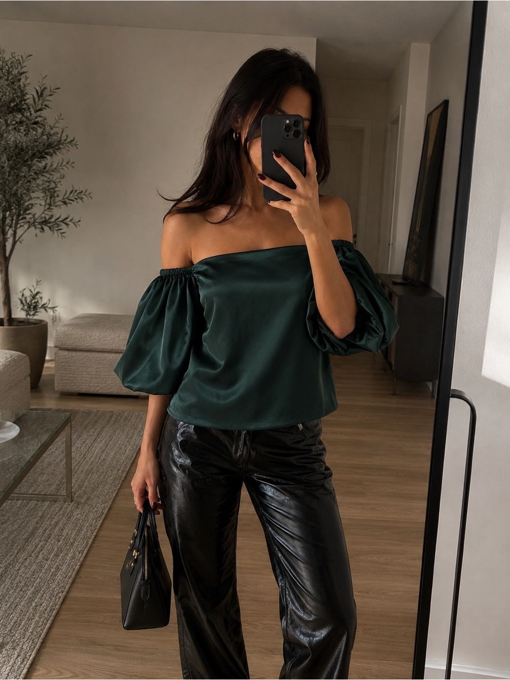 ZARA Woman Emerald Green Satin Off-Shoulder Top Draped Puff Sleeve Statement XS
